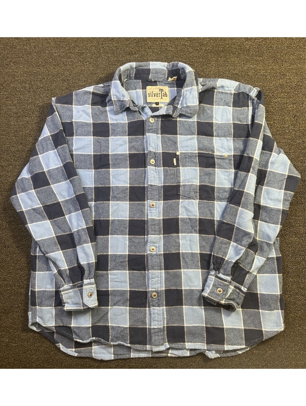 Levis Silver Tab Mens Shirt L Oversized Flannel Blue Plaid